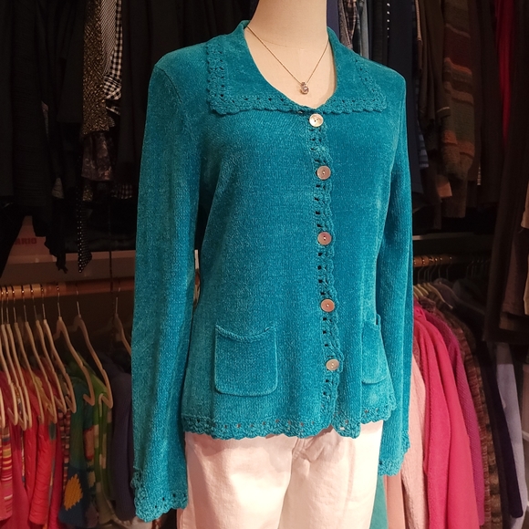 MARK, FORE & STRIKE ♡ Gorgeous Teal Soft Chenille Crochet Knit Button Cardigan M - Picture 1 of 15